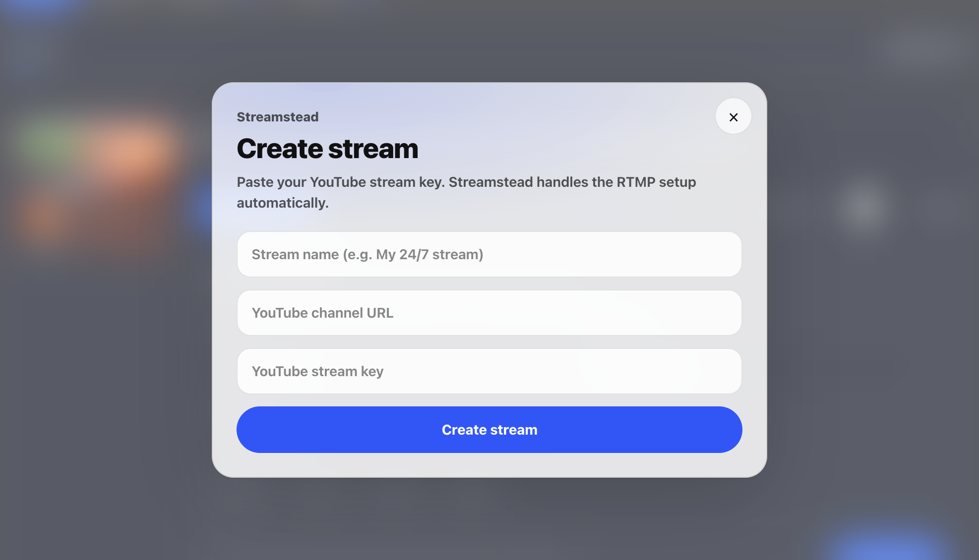 Streamstead create stream window for connecting a YouTube livestream