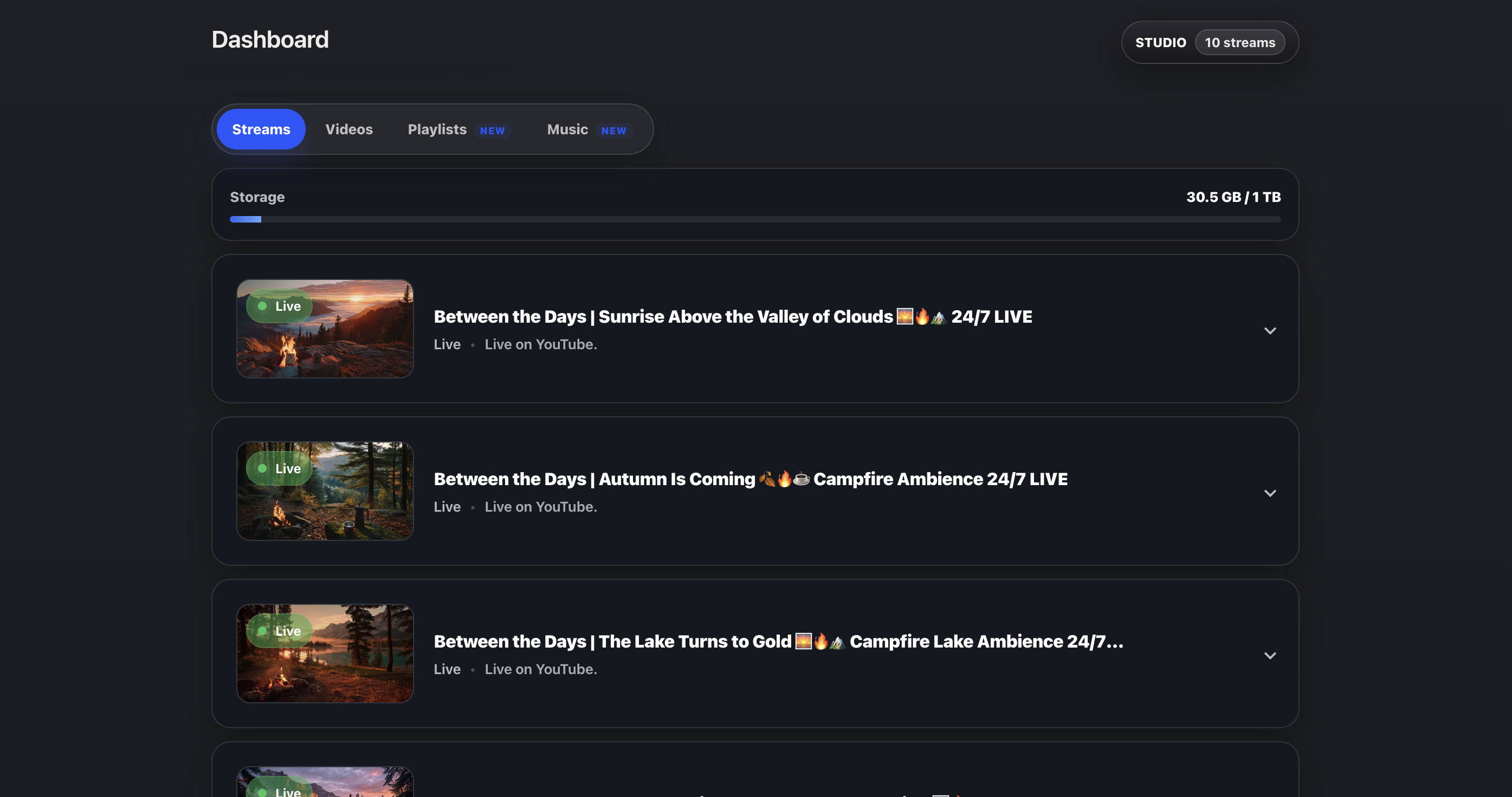 Streamstead dashboard showing multiple live YouTube livestreams running from the cloud