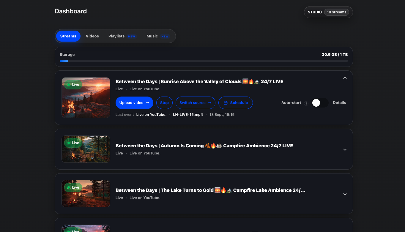 Streamstead dashboard showing multiple live YouTube livestreams running from cloud infrastructure