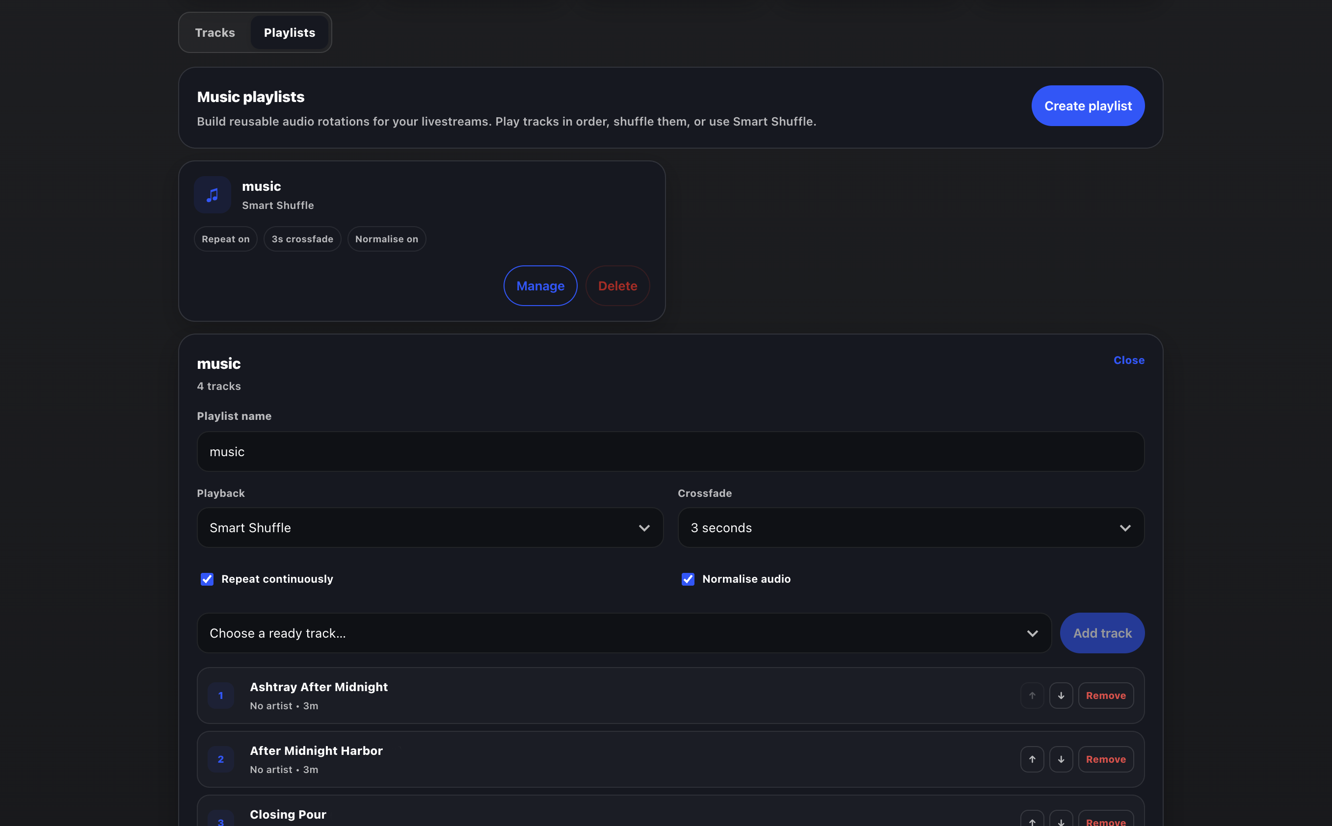 Streamstead music playlist manager showing tracks, playback mode and crossfade controls