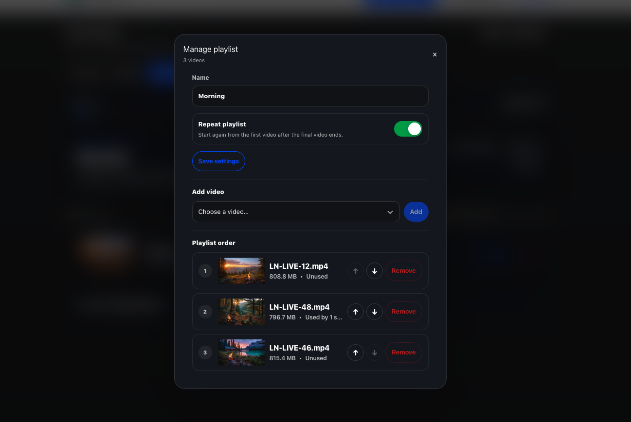 Streamstead video playlist manager showing three videos arranged in playback order