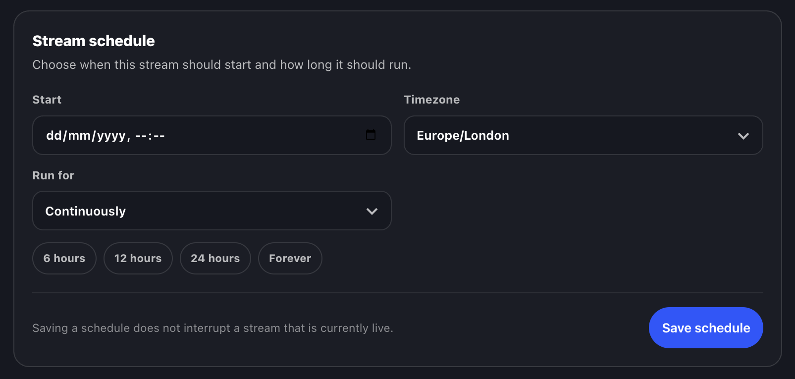 Streamstead stream scheduling interface showing start time, timezone and run duration controls