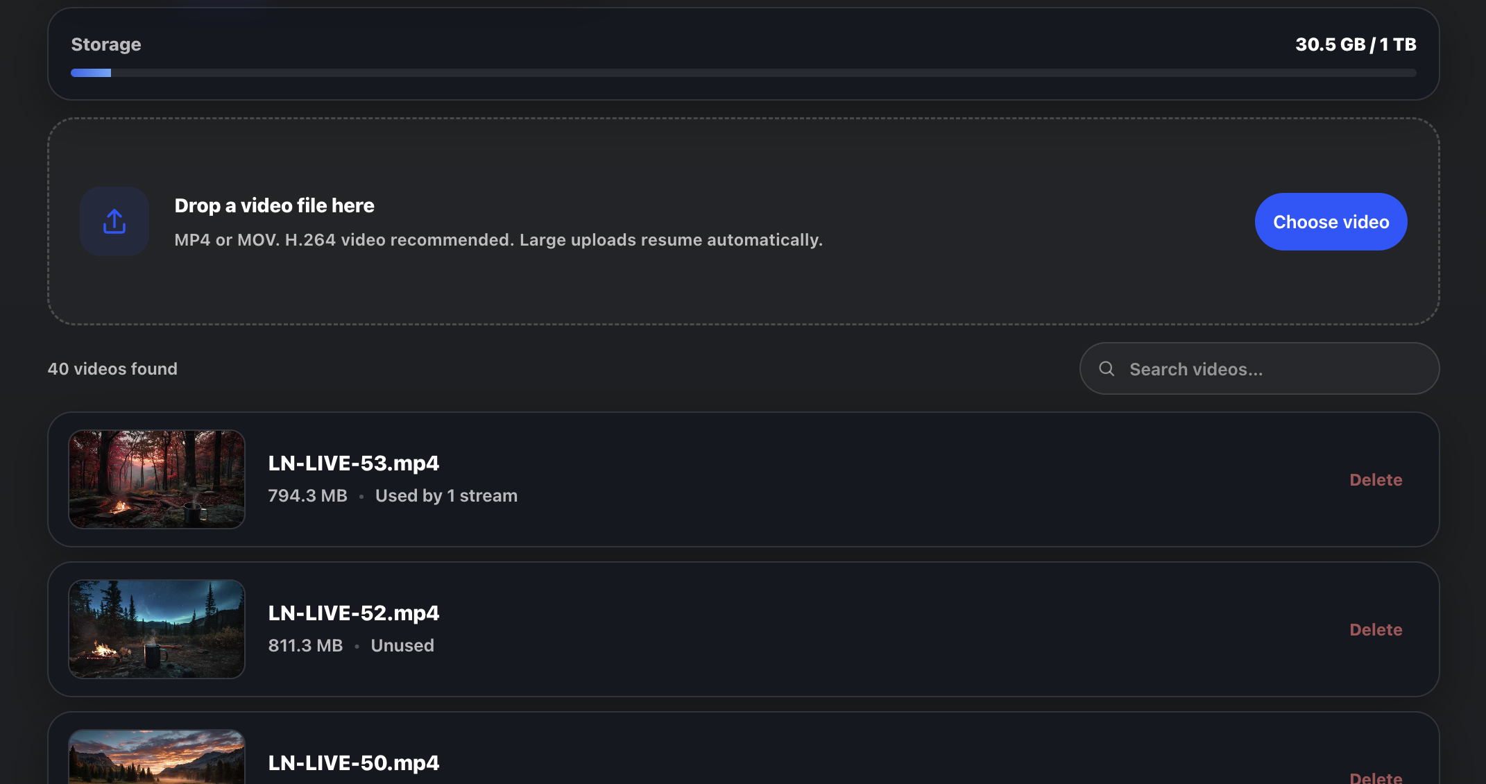 Streamstead video library showing uploaded videos ready to use in livestreams